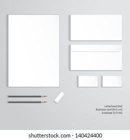 Vector corporate identity templates.  Letterhead, envelope, business card, pencils, eraser.