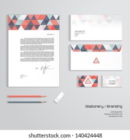 Vector corporate identity templates. Multicolored geometric pattern and grid.  Letterhead, envelope, business card, pencils, eraser. Easy editing of all parts and colors. Dimensions are given.