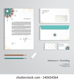 Vector corporate identity templates. Oriental floral pattern on vintage background. Shabby surface. Letterhead, envelope, business card, pencils, eraser. Easy editing of all parts and colors.