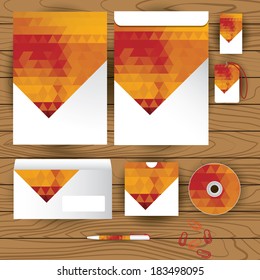 Vector corporate identity, triangle pattern design, geometric background, wooden texture background, stationery