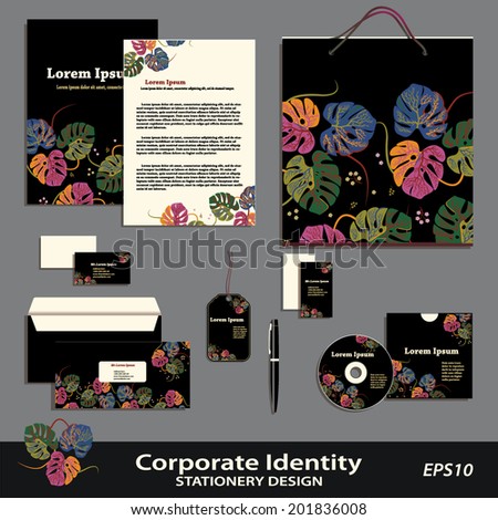 Vector corporate identity. Tropical pattern stationery design template. Brand visualization business set. Actual real size. Multicolor vs Black  Business Cards Envelope Folder Letter CD Bag Pen Badge 