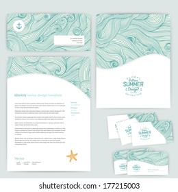 Vector corporate identity, wave pattern. Abstract backdrop. Maritime banner design template. Brand, visualization, corporate identity business set. Identity Design Template. Card, envelope.