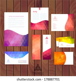 Vector corporate identity, wave pattern. Abstract backdrop.Geometric banner design template. Brand, visualization, corporate business set. Identity Design Template. Card, envelope. Wood texture