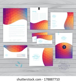 Vector corporate identity, wave pattern. Abstract backdrop.Geometric banner design template. Brand, visualization, corporate business set. Identity Design Template. Card, envelope. Wood texture