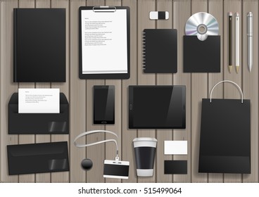 Vector corporate mock up. Set items with the tablet, cover, business card, bag, envelope, pencil and pen.