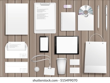 Vector corporate mock up. Set items with the tablet, cover, business card, bag, envelope, pencil and pen.