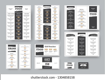 Vector corporate style design for cafes and restaurants in black and white style with dividing into blocks with a stroke and a grunge header effect. Printed templates are standard size.