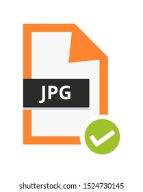 Vector correct approved jpg or jpeg file. Flat orange icon with green check sign. Symbol of jpg file with lossy compression for pictures, photos, images and graphic isolated on a white background.