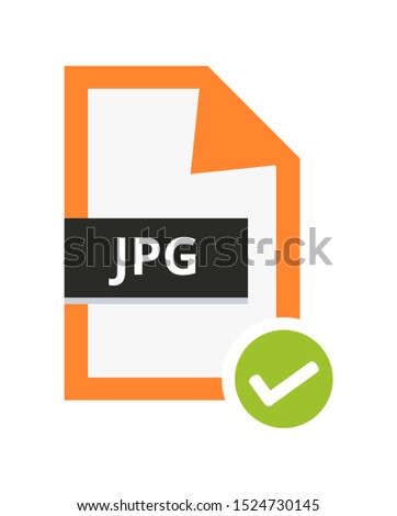Vector correct approved jpg or jpeg file. Flat orange icon with green check sign. Symbol of jpg file with lossy compression for pictures, photos, images and graphic isolated on a white background.