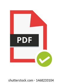 Vector correct approved pdf file. Flat icon with green check sign. Symbol of portable document file for web and print isolated on a white background.