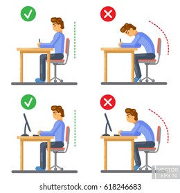 Vector - Correct body alignment in sitting working with computer eps10