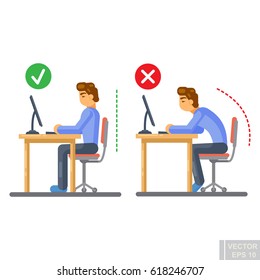 Vector - Correct body alignment in sitting working with computer eps10