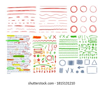 Vector Correction Marks Set Isolated On White Background, Sketched Design Elements Collection, Green And Red Pen Drawings.