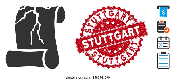 Vector corrupted law document icon and rubber round stamp seal with Stuttgart phrase. Flat corrupted law document icon is isolated on a white background.
