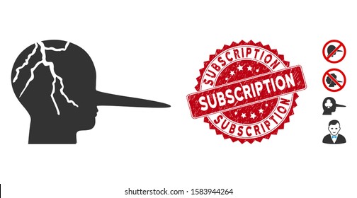 Vector corrupted liar icon and grunge round stamp seal with Subscription caption. Flat corrupted liar icon is isolated on a white background. Subscription seal uses red color and rubber surface.