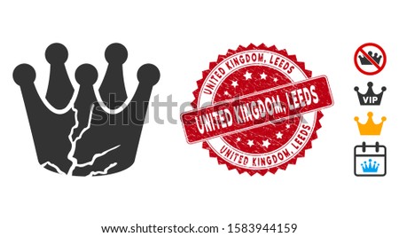 Vector corrupted monarchy icon and corroded round stamp seal with United Kingdom, Leeds phrase. Flat corrupted monarchy icon is isolated on a white background. United Kingdom,