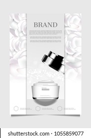 Vector cosmetic ad. Opened day cream on white flowers background