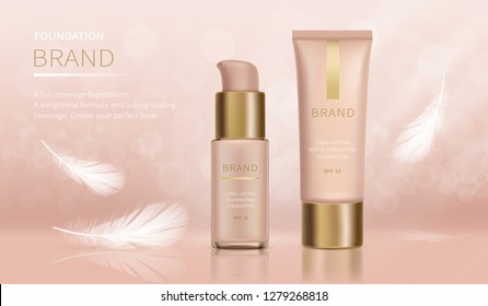 Vector cosmetic ad poster. Foundation with full coverage and weightless formula, make-up product in glass bottle with dispenser and tube with golden cap near flying white feather. Promo banner concept