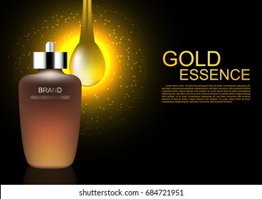 Vector cosmetic ads Face serum with gold drop and golden light on dark background