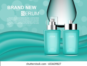 Vector cosmetic ads green serum bottle with bokeh and water drop
