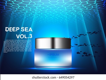 Vector cosmetic ads night cream with template on blue underwater background