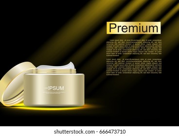 Vector cosmetic ads opened cosmetic cream with gold light from heaven