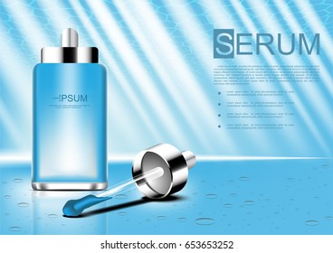 Vector cosmetic ads Serum and dropper on underwater background