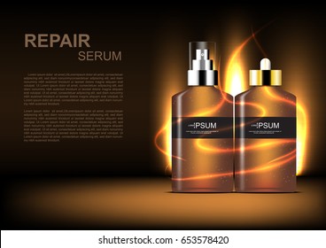 Vector cosmetic ads set of essence serum with abstract aura light on dark brown background
