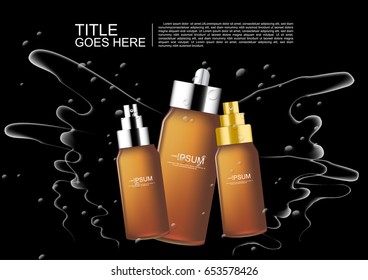 Vector cosmetic ads Set of cosmetic serum with splash water on black background