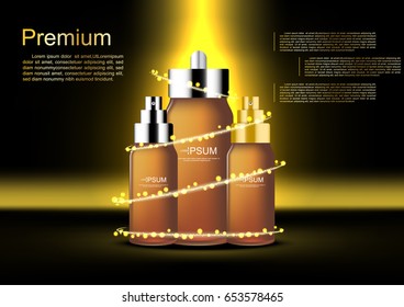 Vector cosmetic ads set of serum bottles with abstract gold light on dark background