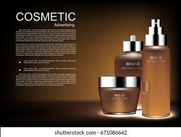 Vector cosmetic ads template, set of cosmetic product on dark brown background