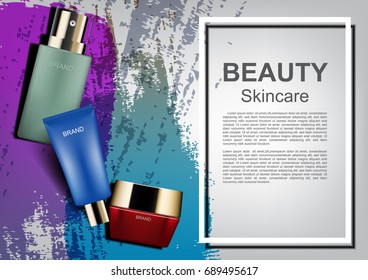 Vector cosmetic ads template, cosmetic set on abstract paint background