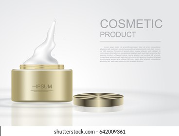 Vector cosmetic ads template Spill cream with container and lid on white background