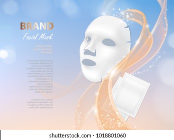 Vector cosmetic banner with 3d realistic vector facial mask and white package for it isolated on colorful background. Skincare, anti-aging beauty product for face treatment. Mockup for brand design