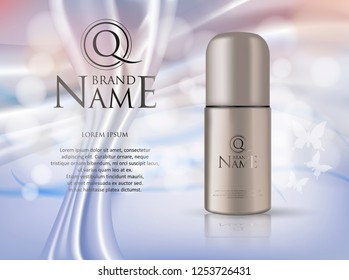 Vector cosmetic banner with 3d realistic ball or spray deodorant 
ready mockup for promotion your brand.