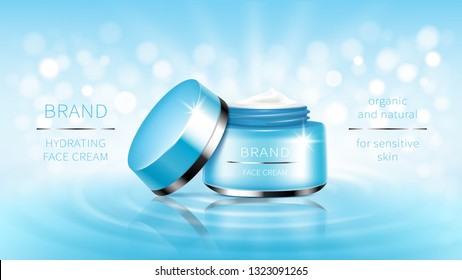 Vector cosmetic banner with 3d realistic blue open jar for skin care cream, ready mockup for promotion brand. Beauty product concept illustration with wavy water surface and bokeh for glossy magazine