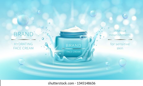 Pancarta cosmética vectorial con un tarro abierto 3d realista azul para crema de piel en corona de agua, salpicado, burla para promoción. Concepto de producto de belleza con superficie de agua ondulada y bokeh para revista brillante