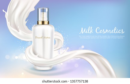 Vector cosmetic banner with 3d realistic white bottle for skin care cream or body lotion. Beauty product, natural or organic cosmetics with creamy or milk swirl on blue shining background