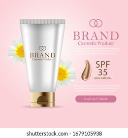 Vector cosmetic banner with 3d realistic white bottle for skin care cream or body lotion, ready mockup for promotion your brand. Beauty product concept illustration.