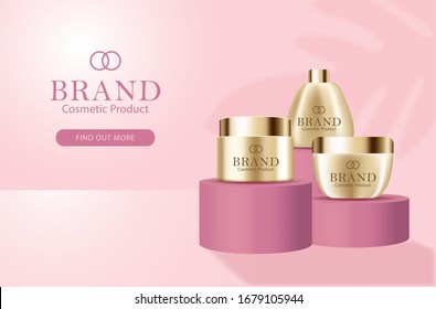 Vector cosmetic banner with 3d realistic white bottle for skin care cream or body lotion, ready mockup for promotion your brand. Beauty product concept illustration.