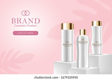 Banner cosmético vectorial con 3d botellas blancas realistas para crema de piel o loción corporal, listo para la mofa para promocionar su marca. Ilustración concepto de producto de belleza.