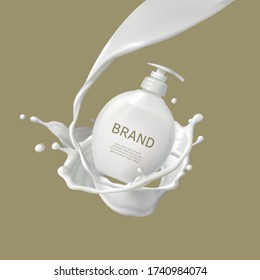 Vector cosmetic banner with 3d realistic white bottle for skin care cream or body lotion, ready mockup for promotion your brand. 