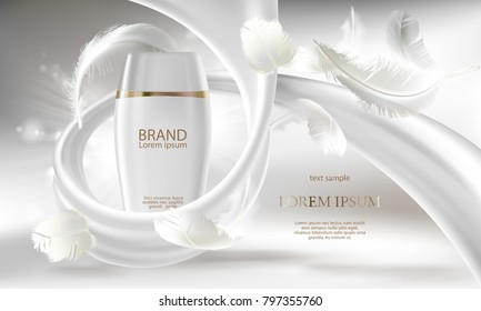 Vector cosmetic banner with 3d realistic white bottle for skin care cream or body lotion, ready mockup for promotion your brand. Beauty product concept illustration with creamy swirl and feathers