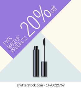 Vector cosmetic banner. Minimalist beauty background template in pastel colors. Makeup eye mascara tube with  brush. Advertising poster with text field for online shop or beauty magazine.