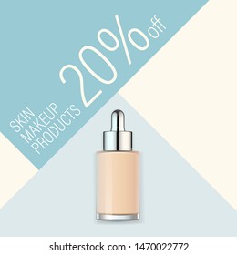 Vector cosmetic banner. Minimalist beauty background template in pastel colors. Makeup face liquid foundation bottle with silver cap. Ad poster with text field for online shop or beauty magazine.