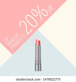 Vector cosmetic banner. Minimalist beauty background template in pastel colors. Makeup pink lipstick in metal gloss container. Ad poster for online store or beauty magazine.