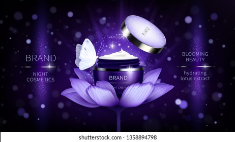 Pancarta cosmética vectorial con frasco abierto realista púrpura para crema de cuidado de la piel en flor de loto, burla para afiche promocional. Ilustración concepto de producto de belleza con chispas y bokeh para revista lustrosa