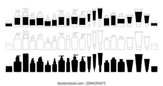 Vector Cosmetic Bottle Flat Tube Cream Lotion Serum Silhouette Line Collection. Skincare Beauty Icons Set.