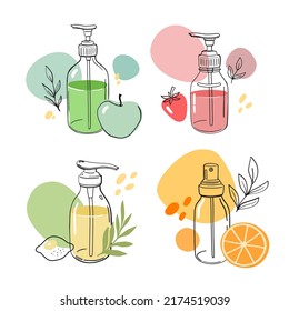 Vector cosmetic bottles. Beauty product illustrations set. Body spray, gel in a pump bottle, cleanser. 