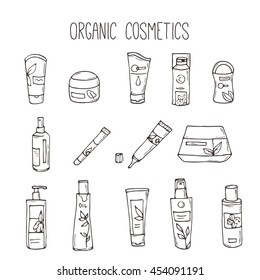 Vector cosmetic bottles. Organic cosmetics illustration. Doodle skin care items. Herbal hand drawn set. Spa elements in sketchy style.